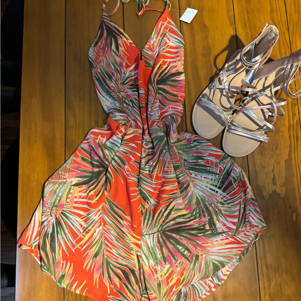 Tropical Print Red Dress